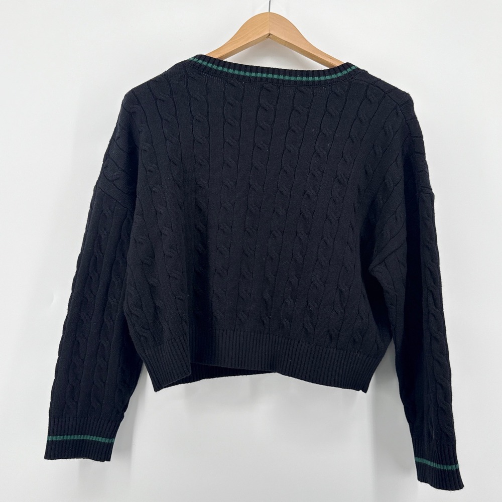 Stella Tweed Cable Knit Boston Pullover Sweater Large Black Green Collegiate MA - Picture 6 of 9